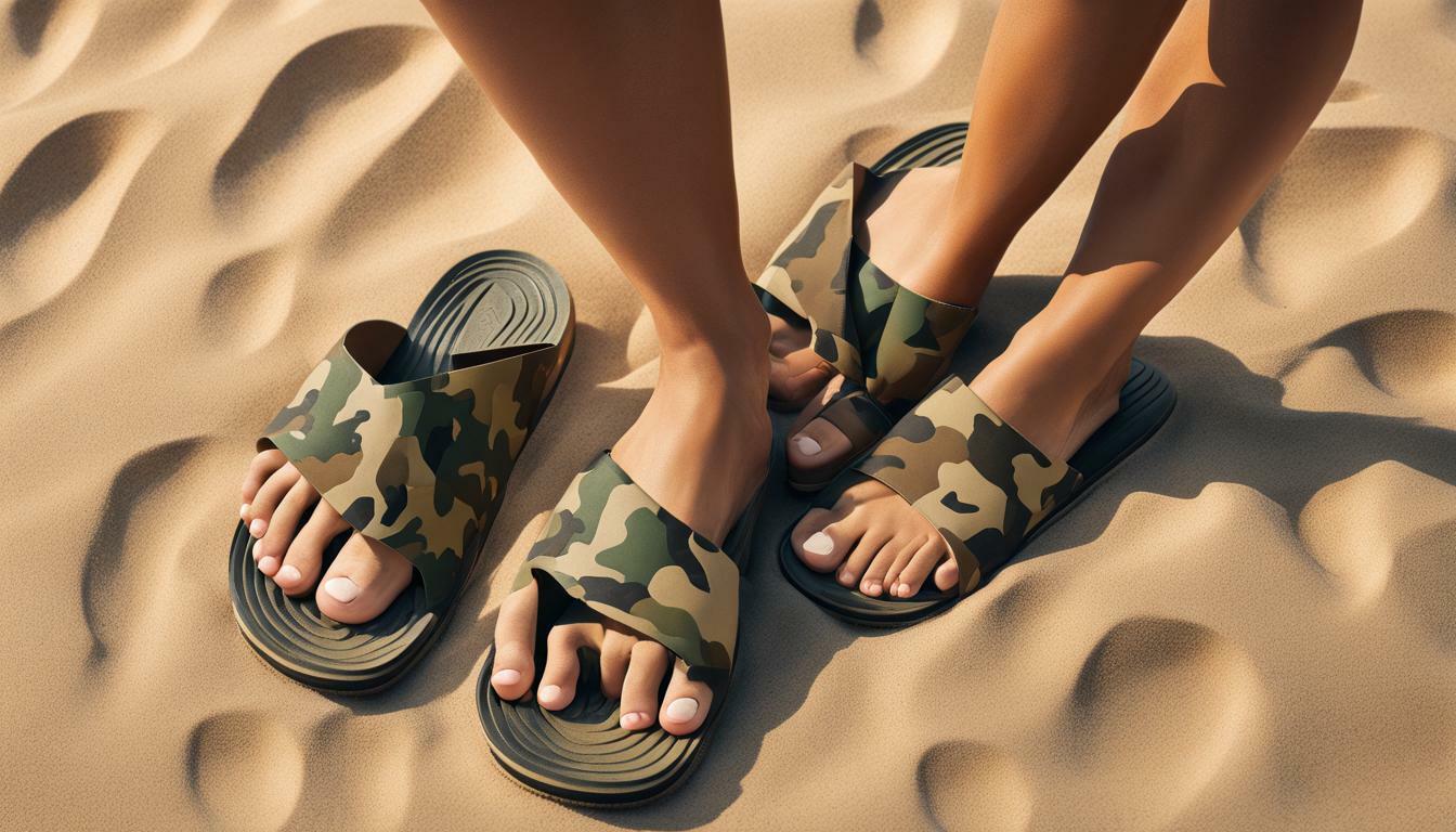 Slide sandals with camouflage print vs. Flip-flops with camouflage print