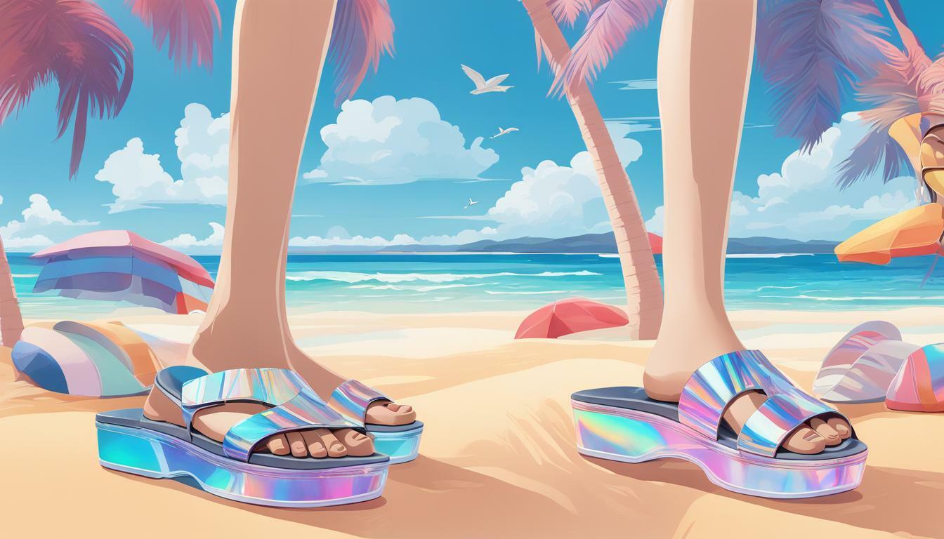 Slide sandals with holographic elements vs. Flip-flops with holographic elements