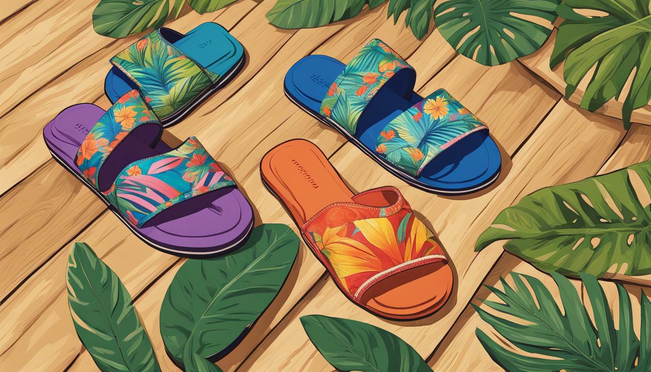 Slide sandals with tropical colors vs. Flip-flops with tropical colors