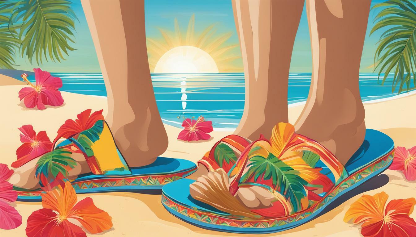 Slide sandals with tropical motifs vs. Flip-flops with tropical motifs